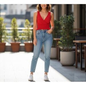 Lulus Women's‎ Red Smocked Cropped Ruffle Trim V Neck Tank Top Size S